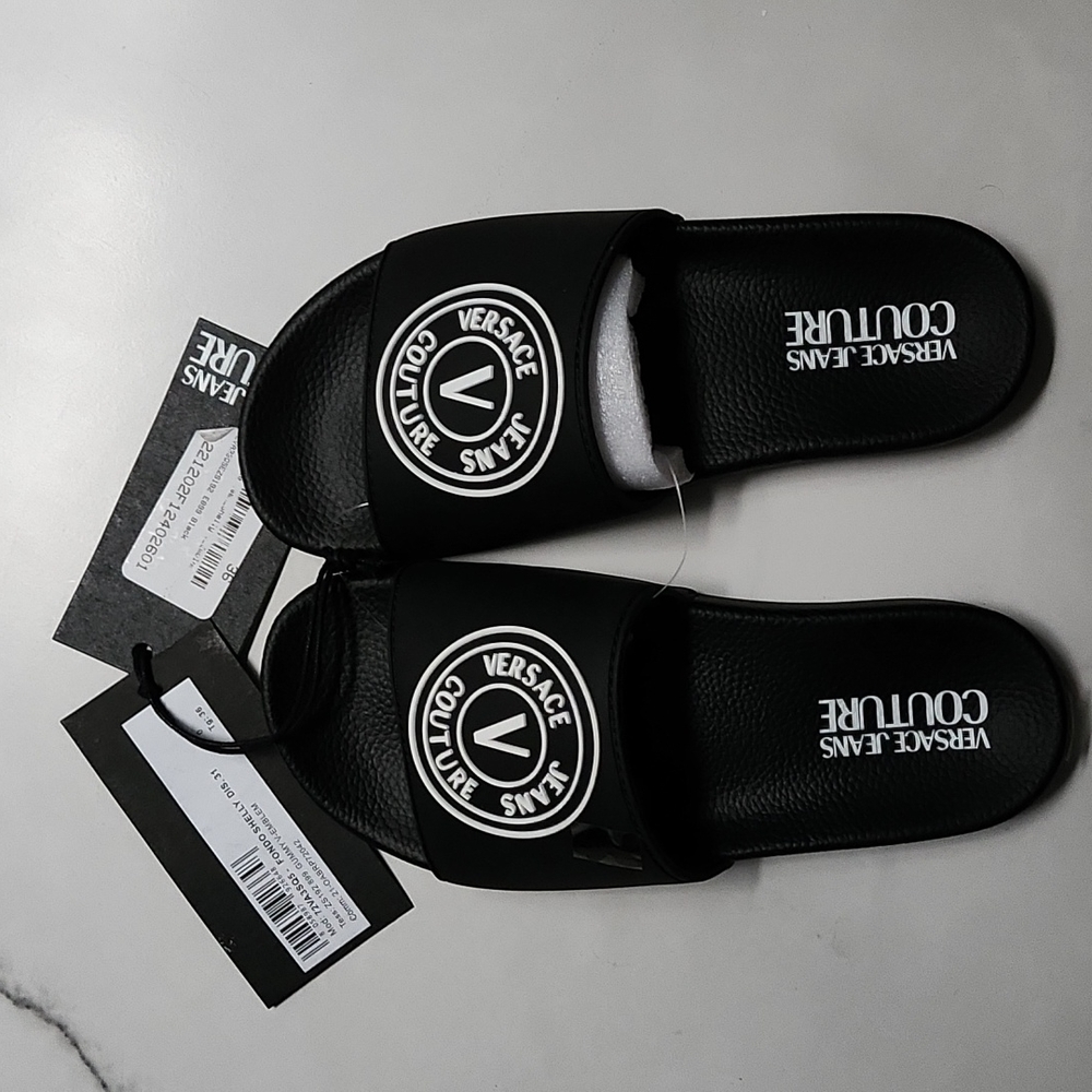 VERSACE Black V-Emblem Sandals Size 36